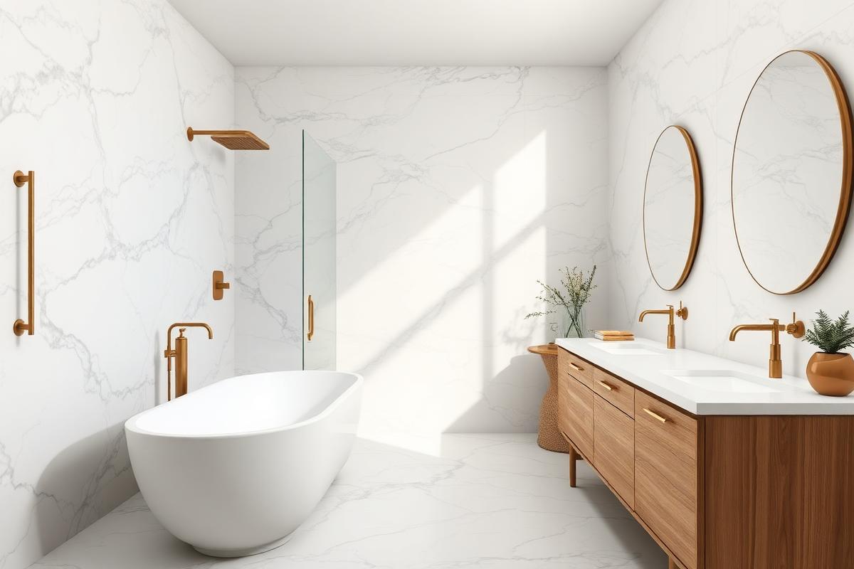 3D rendering of a travertine primary bathroom remodel